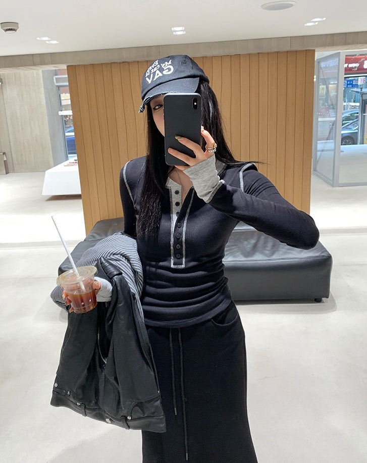 Contrast Patchwork Knit Long-Sleeve Tee