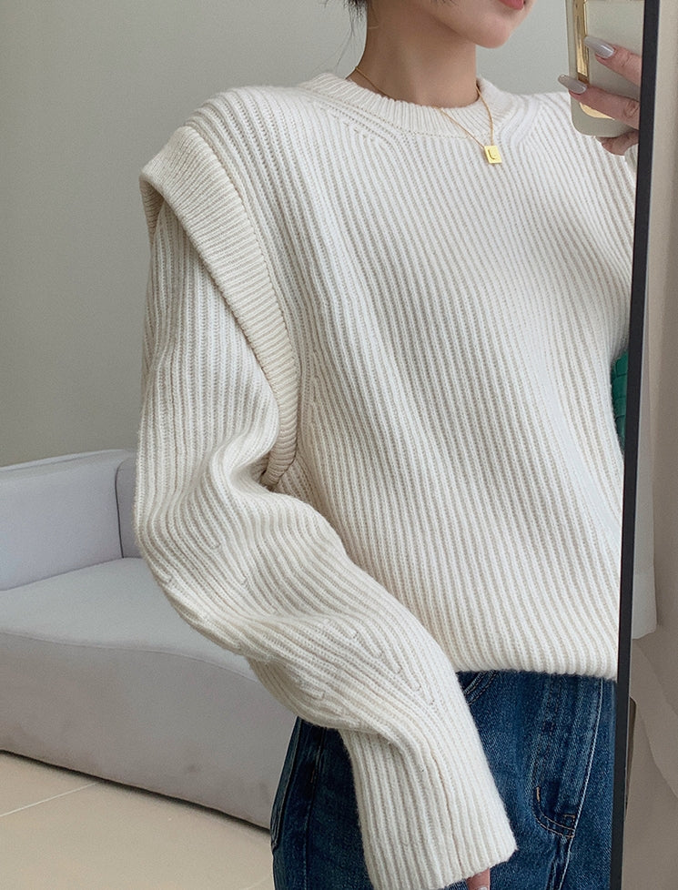 White Textured Knit Sweater with Layered Look