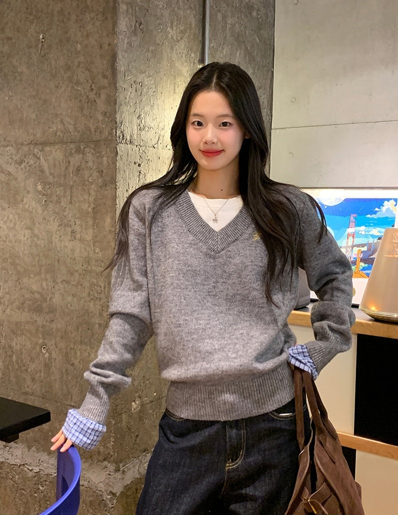 Grey Plaid Panel Knit Top – Faux Two-Piece Long Sleeve