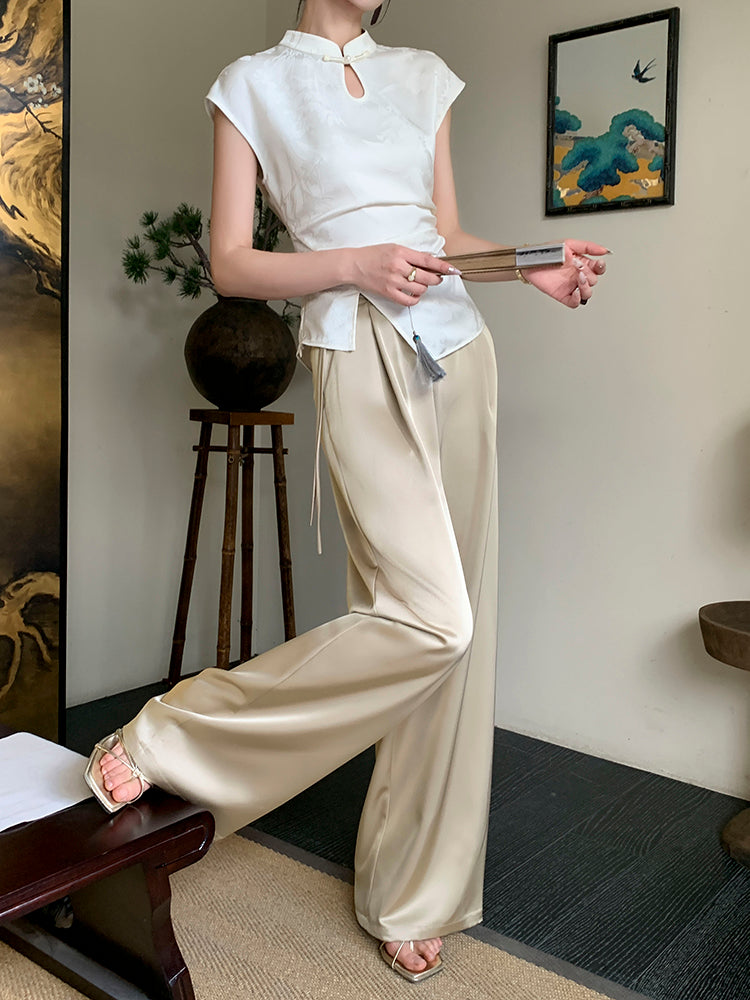 Upgraded Acetate High-Waist Tassel Wide-Leg Pants in Modern Chinese Style