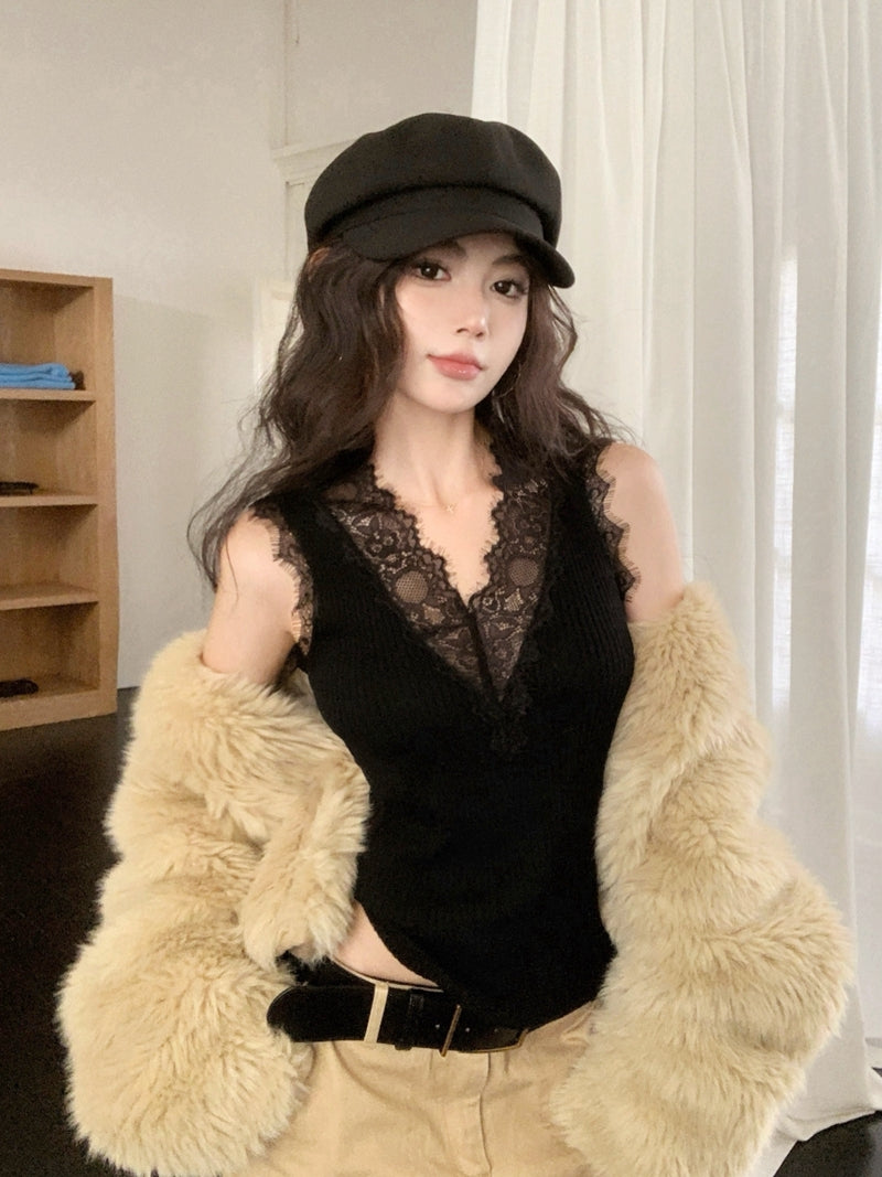 Lace Patchwork Knit Tank Top