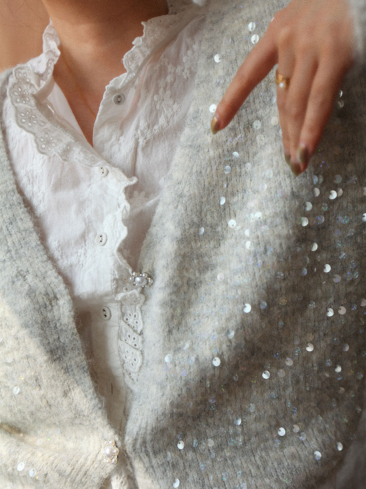 French-Style Sequin V-Neck Gray Knit Cardigan