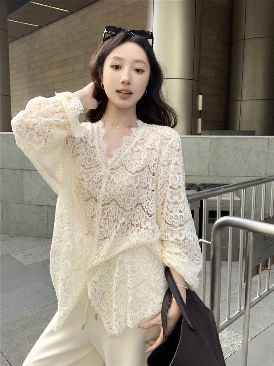 Embroidered Lace Hollow-Out Flare Sleeve Sunscreen Top