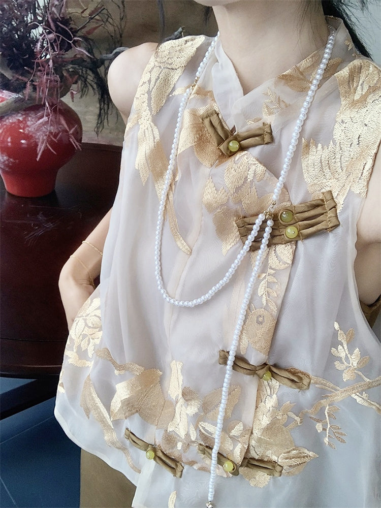 New Chinese Style Zen 2-Piece Set with Stand Collar Embroidered Top + Cami Dress