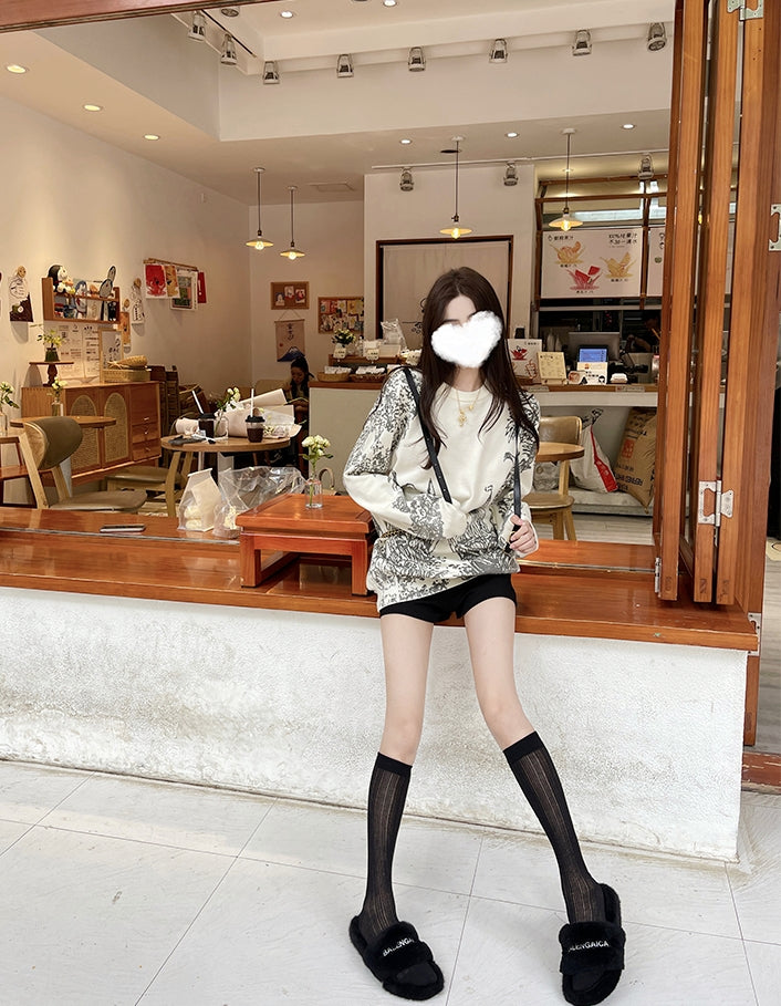 Lazy Style Printed Round Neck Knit Sweater
