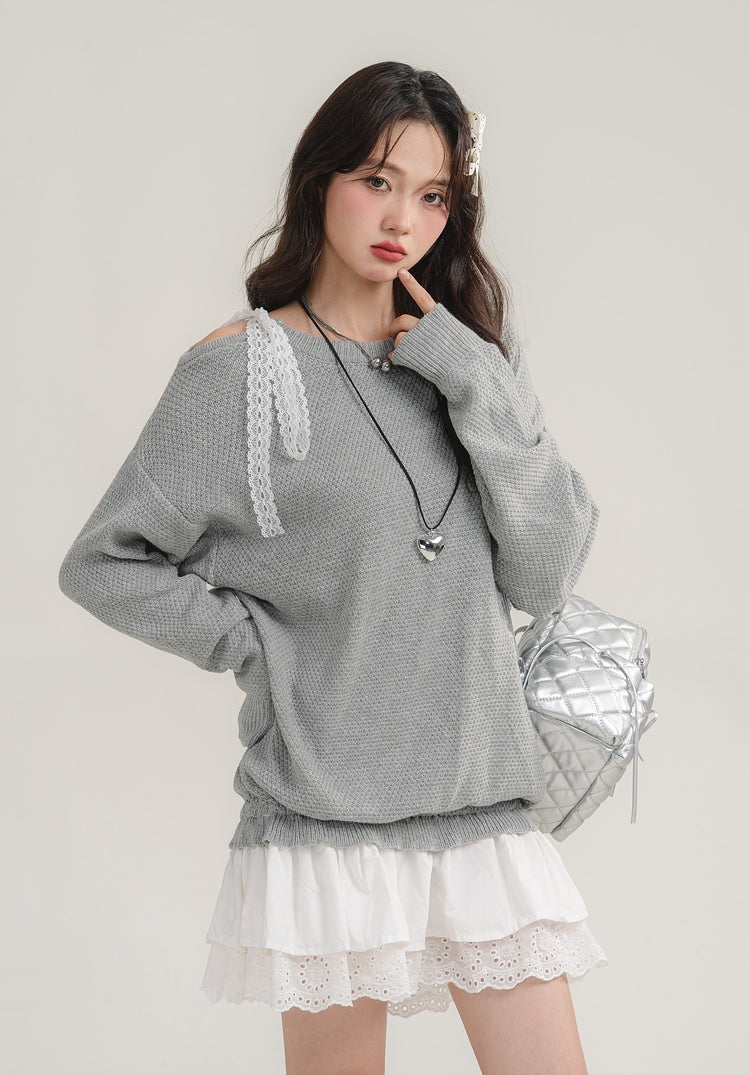 Off-Shoulder Lace Patchwork Knit Dress