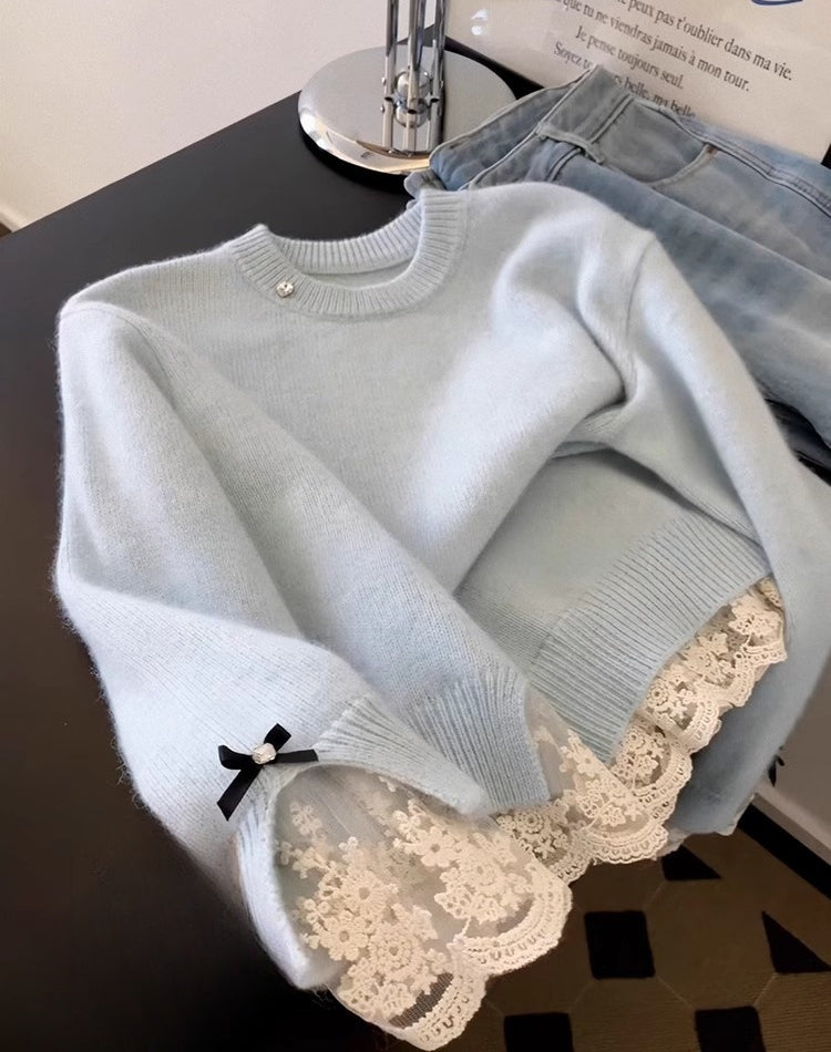 Creamy Baby Blue Lace-Trimmed Cashmere Sweater