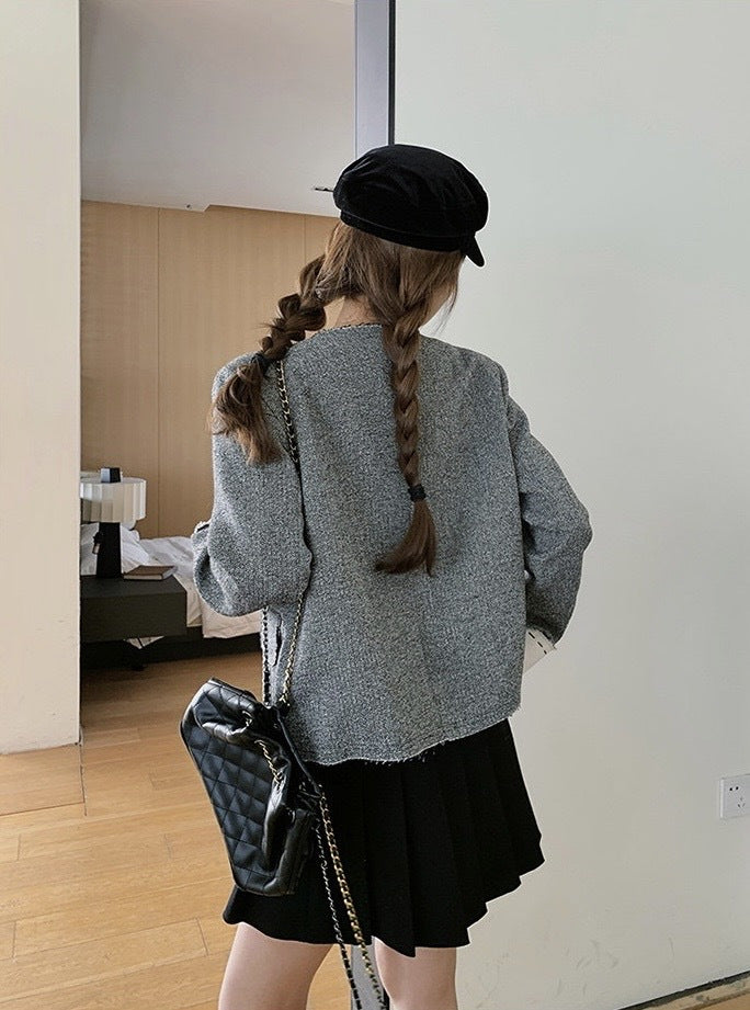 Elegant V-Neck Tweed Jacket with Raw Edges