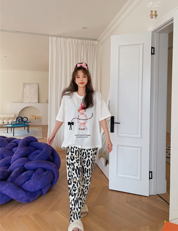Leopard-Print Pajama Set With Sweet Bow