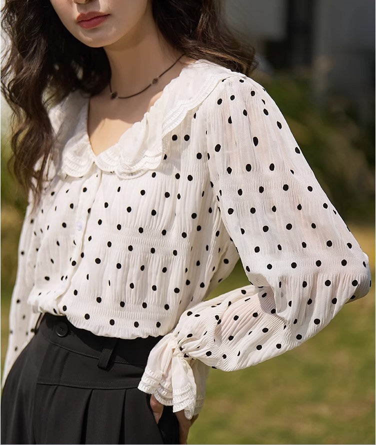 Flocking Polka Dot Doll Lapel Top