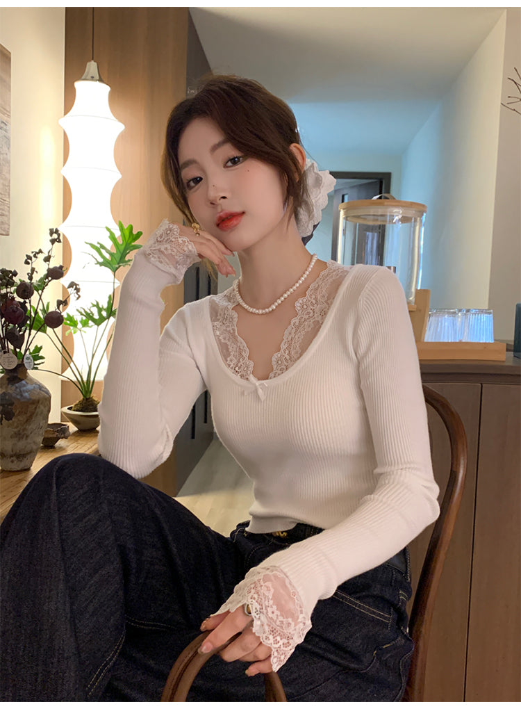 Delicate Lace Patchwork Fitted Knit Top