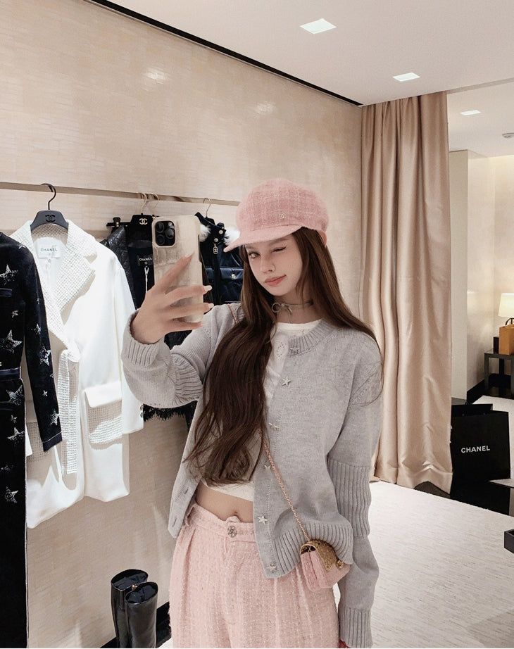 Custom Star-Shaped Rhinestone Button Knit Cardigan