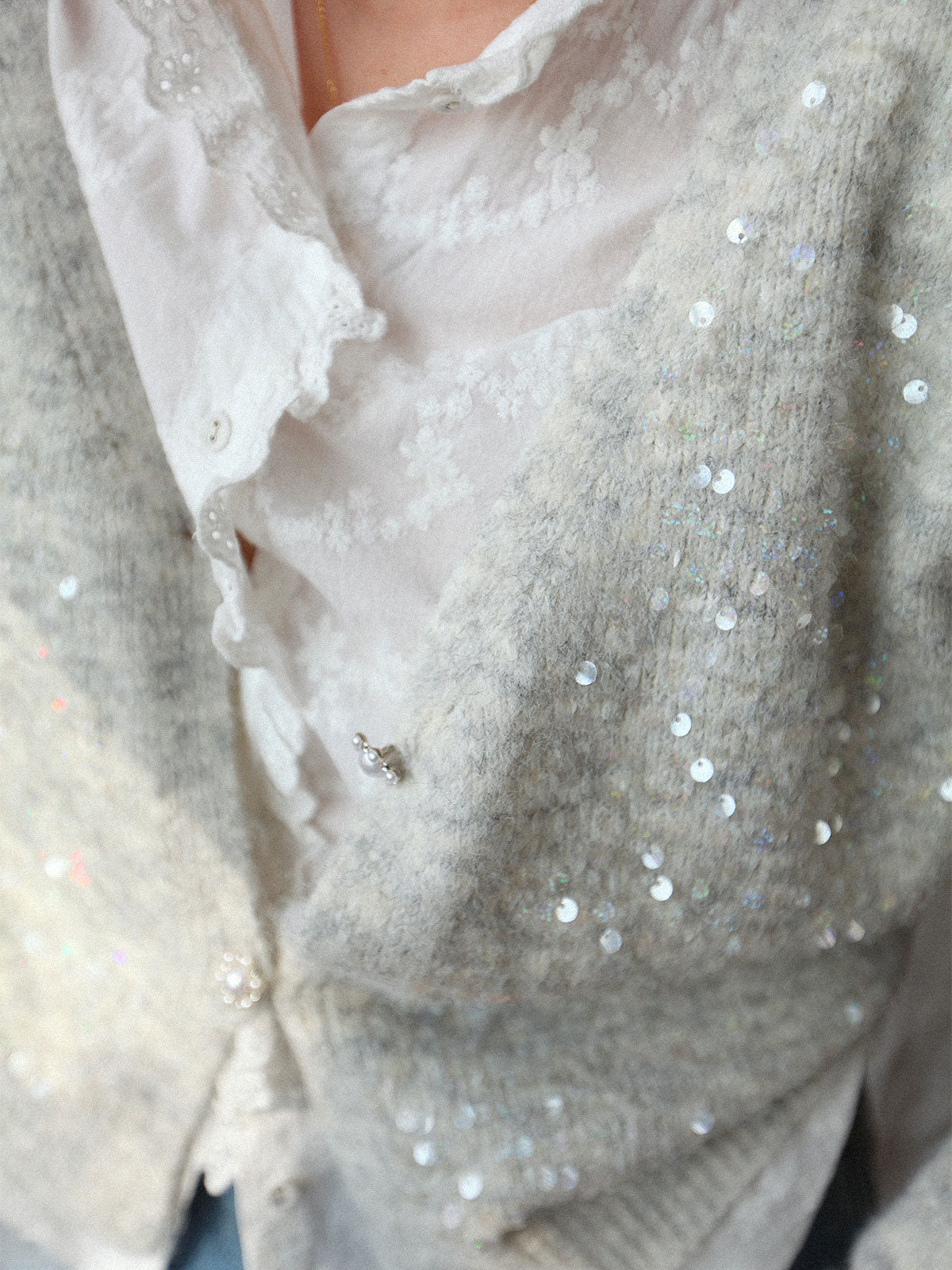 French-Style Sequin V-Neck Gray Knit Cardigan