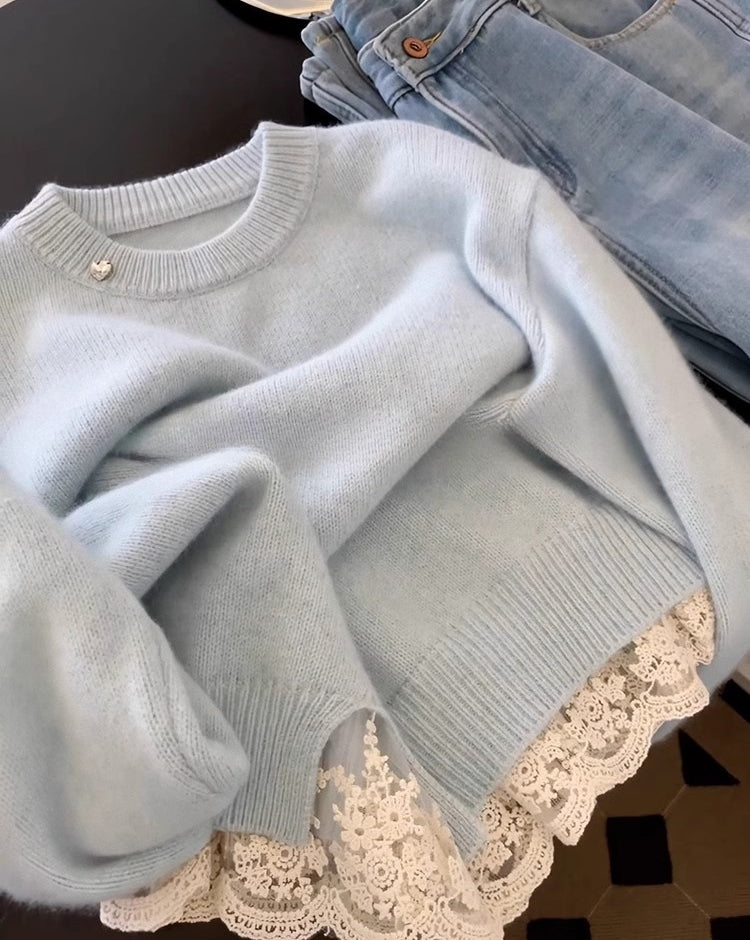 Creamy Baby Blue Lace-Trimmed Cashmere Sweater