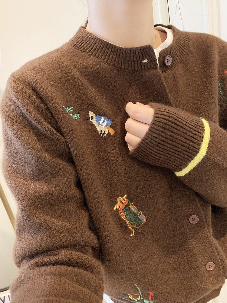 Rouje Kelly Embroidered Knit Cardigan in Maillard Tones