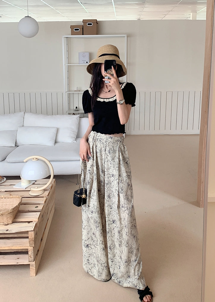 Summer Ink Print Wide-Leg Pants