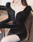 Velvet Ostrich Fur Square Collar Dress With Hip Wrap