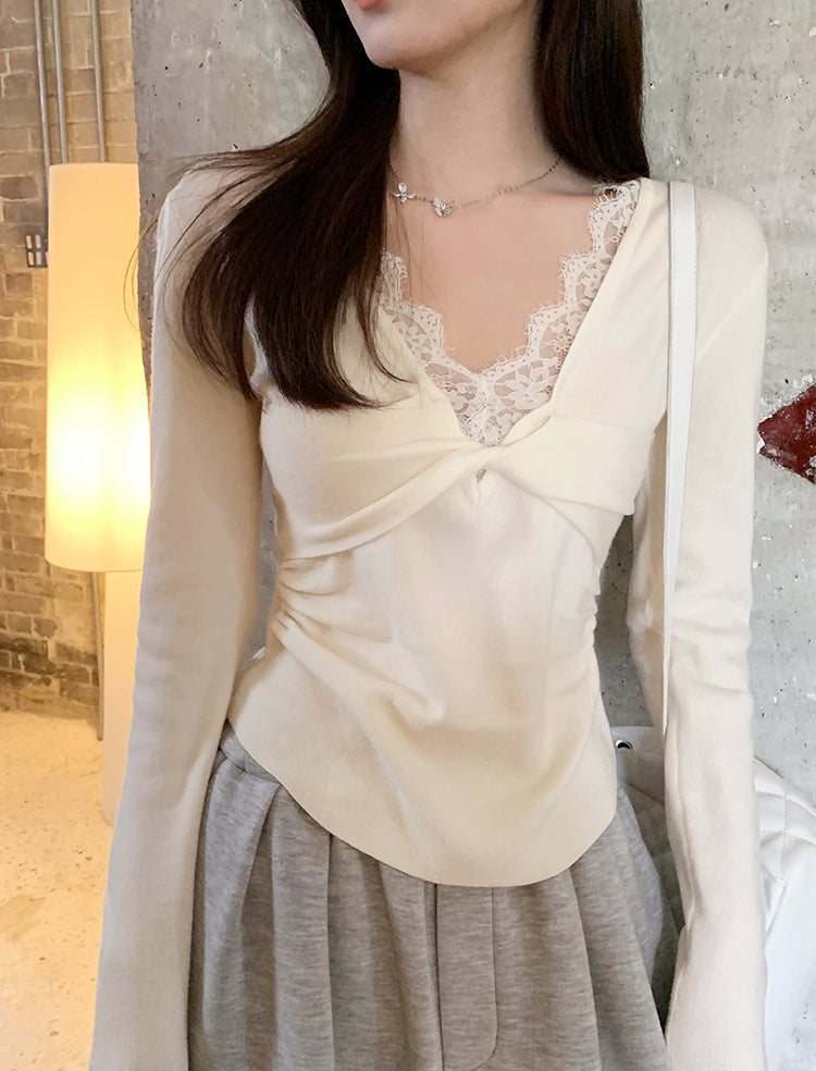 V-Neck Lace Spliced Pure Desire Knit Top