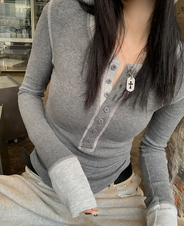 Contrast Patchwork Knit Long-Sleeve Tee