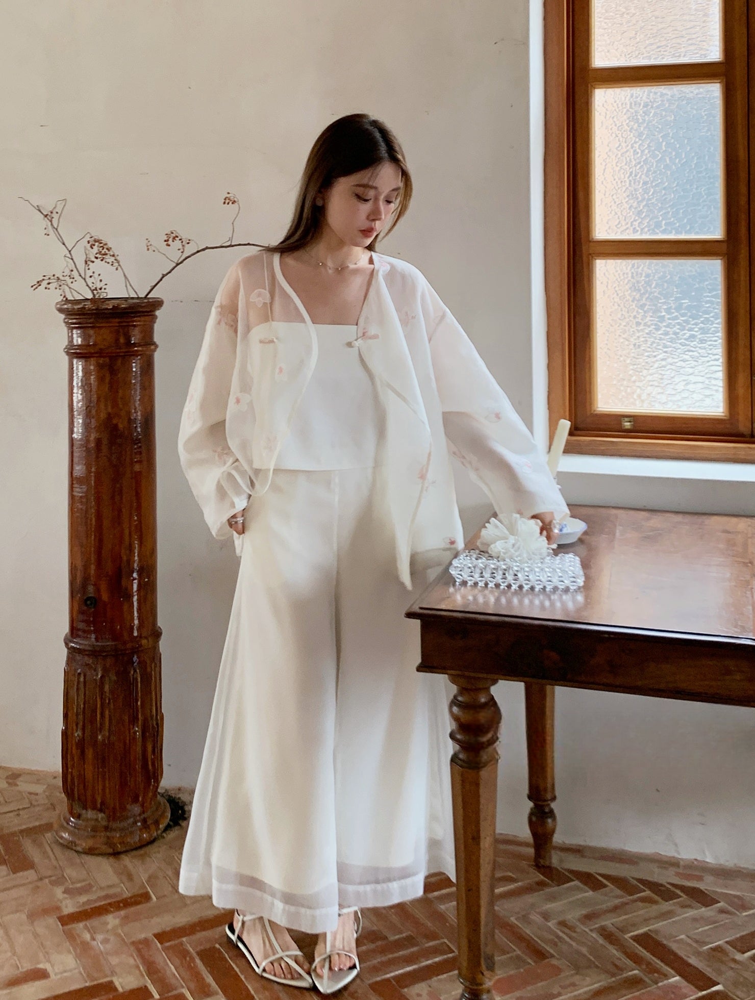 Vintage Chinese-Style Flowing Double-Layer Gauze Nine-Point Wide-Leg Culottes