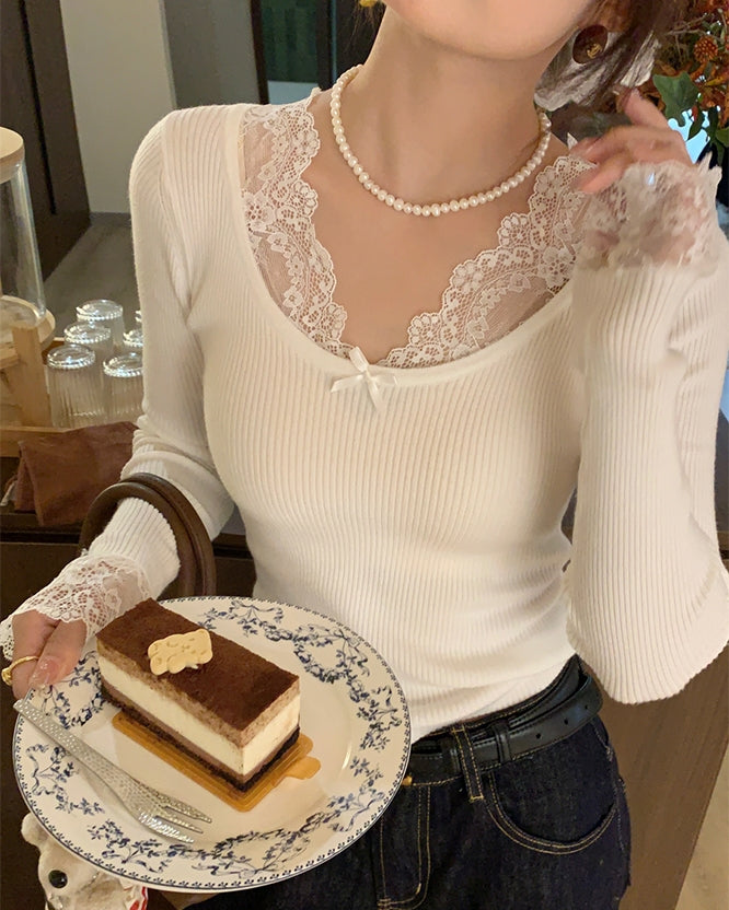 Delicate Lace Patchwork Fitted Knit Top