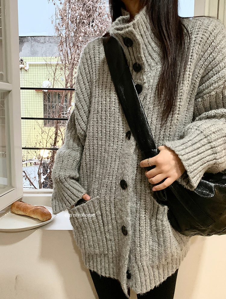 Korean-style wool knit cardigan with a relaxed, stylish design