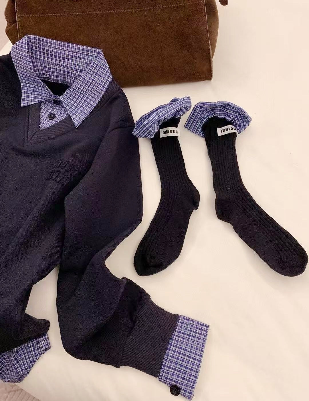 Miu Style Check Shirt Spliced Knit Top with Matching Socks