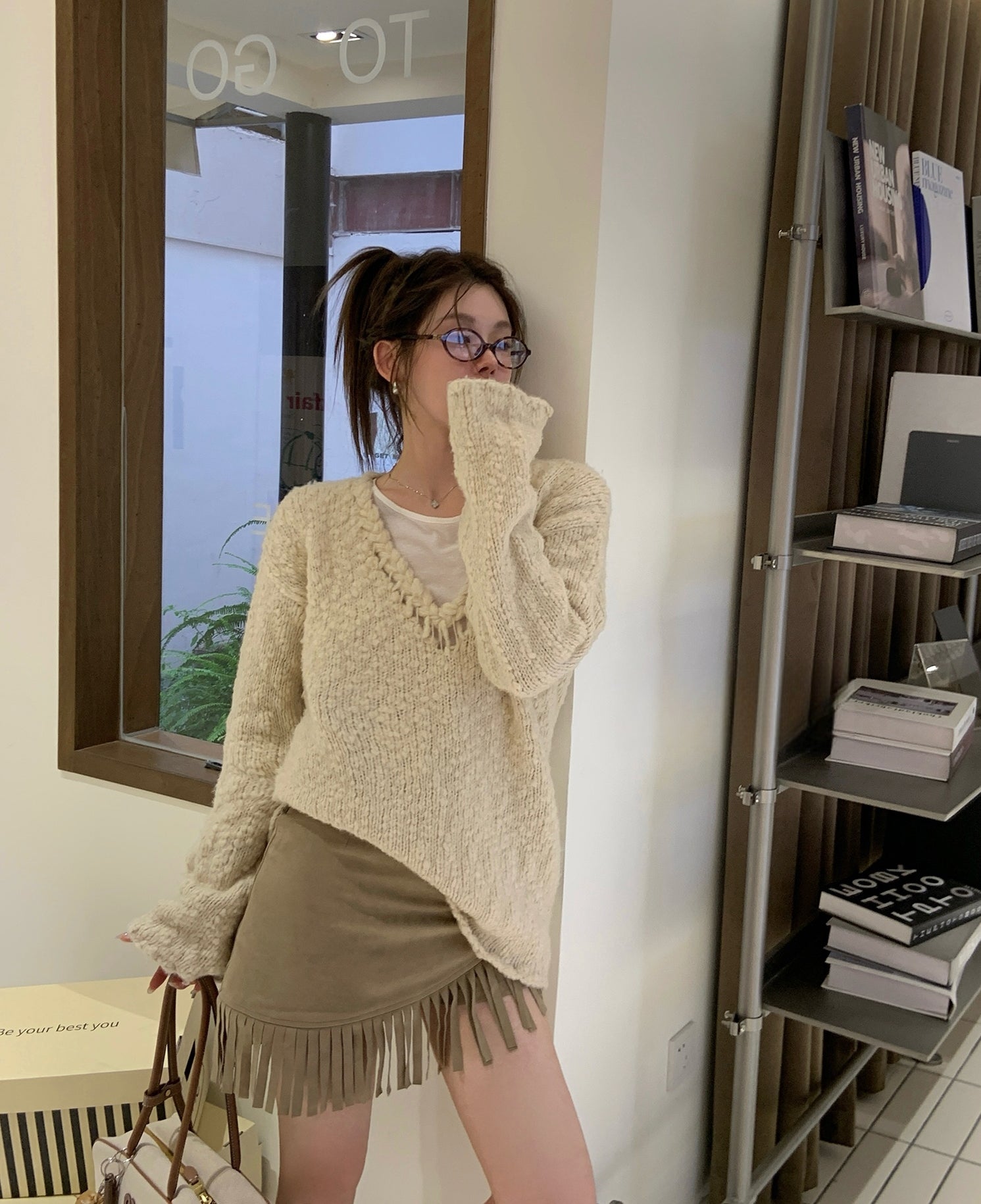 Vintage V-Neck Wool Knitted Hollow-Out Sweater