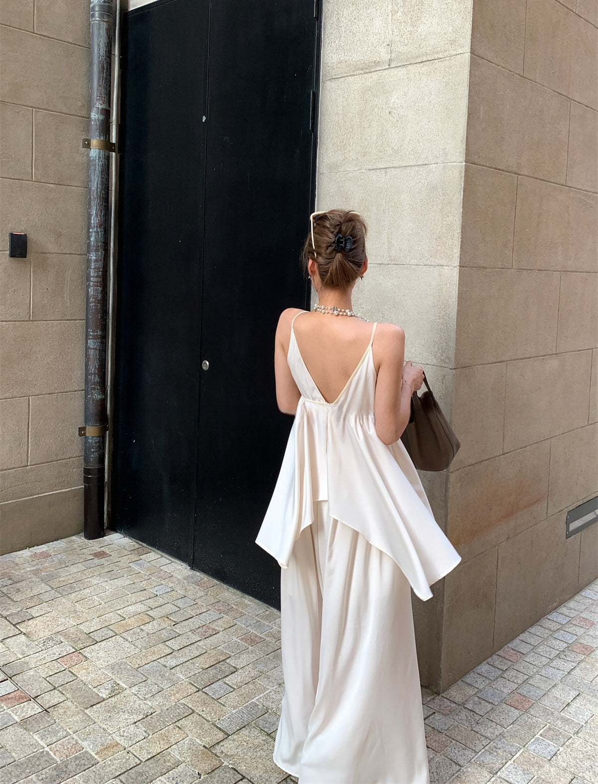Soft White Tea Satin Deep V-Neck Camisole