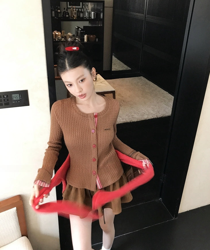 Vintage Maillard Contrast Faux Two-Piece Slimming Cable Knit Cardigan