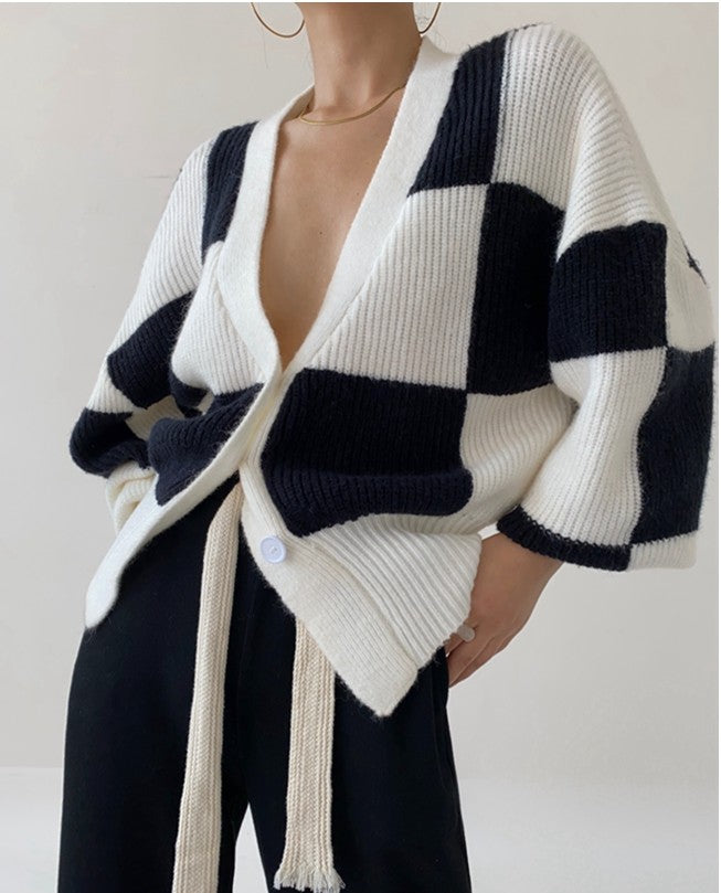 Checkerboard Lazy Wind Loose Cardigan Sweater