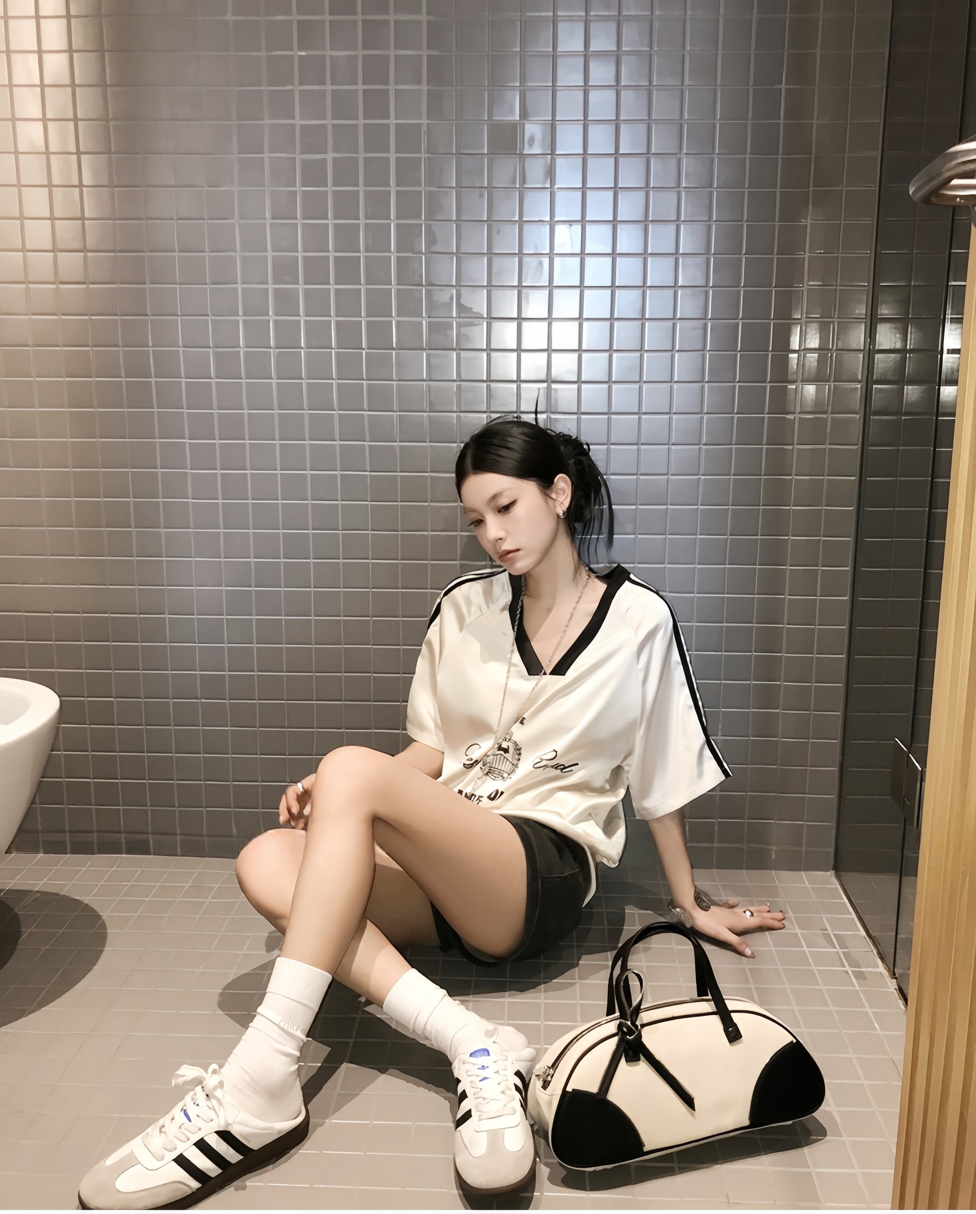 Black and White Lettering Color-Block Satin T-Shirt