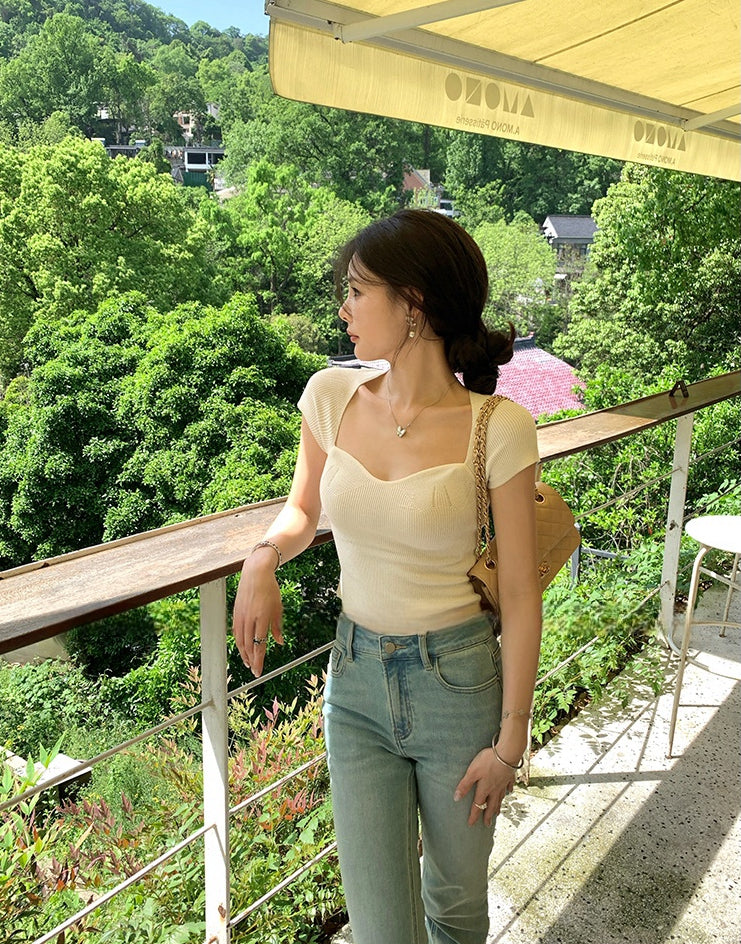 Petal Square Neck Vintage Knit Short Sleeve Top