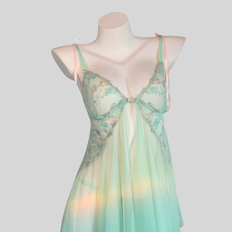French Lace Mesh Front-Clasp Camisole Nightgown