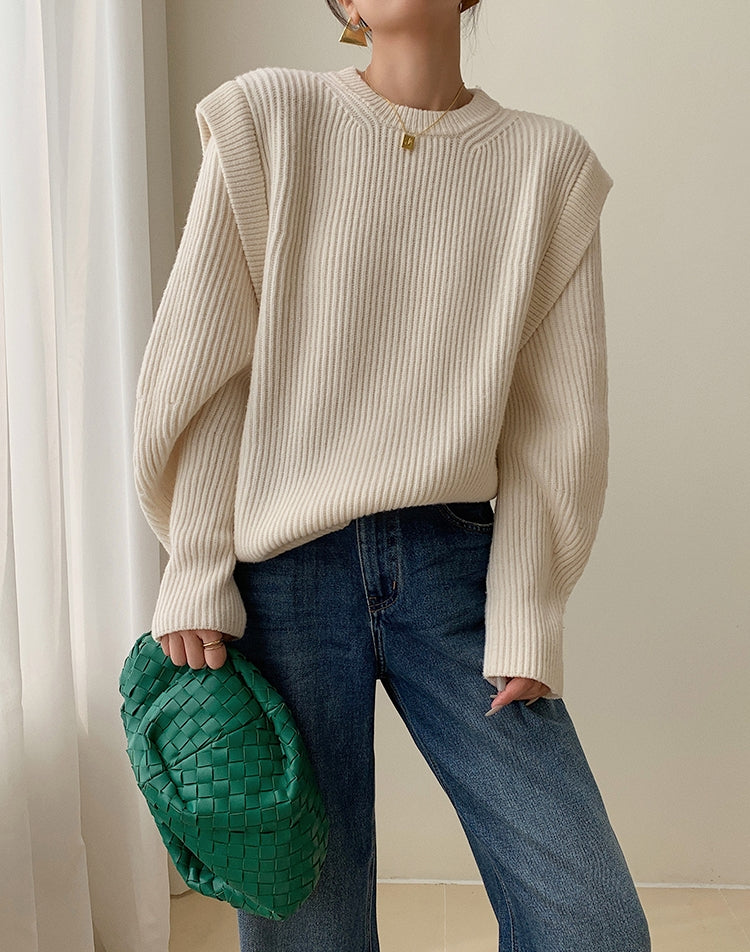 White Textured Knit Sweater with Layered Look
