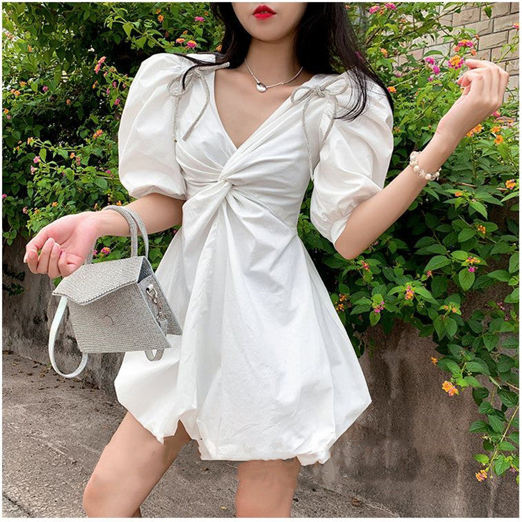 Detachable Bow Bubble Sleeve Dress