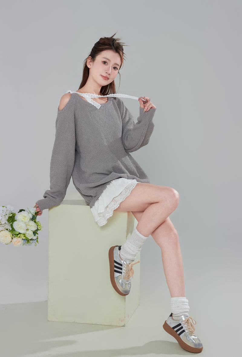 Off-Shoulder Lace Patchwork Knit Dress