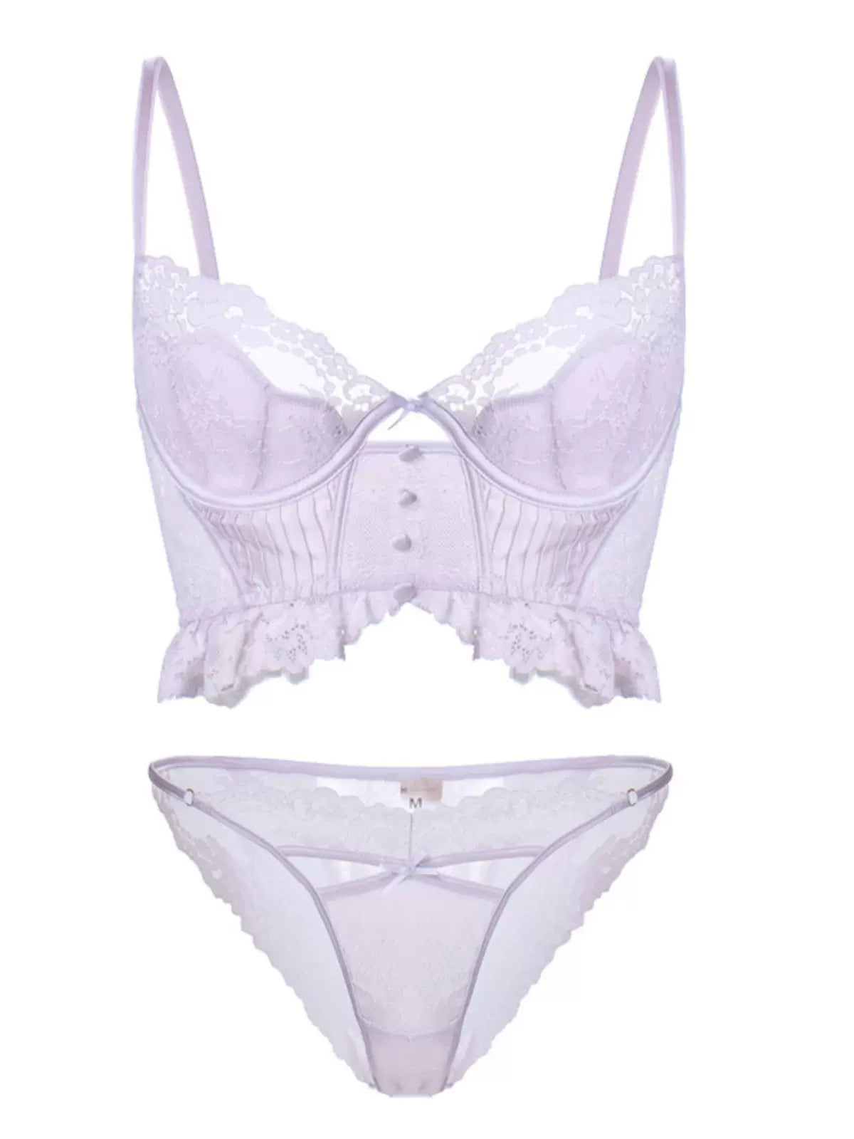 French Style Thin Shell Cup Lace Patchwork Ruched Lingerie Set