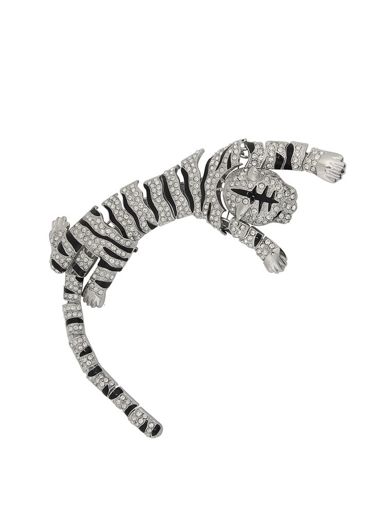 Sparkling Rhinestone Tiger Brooch with Enamel