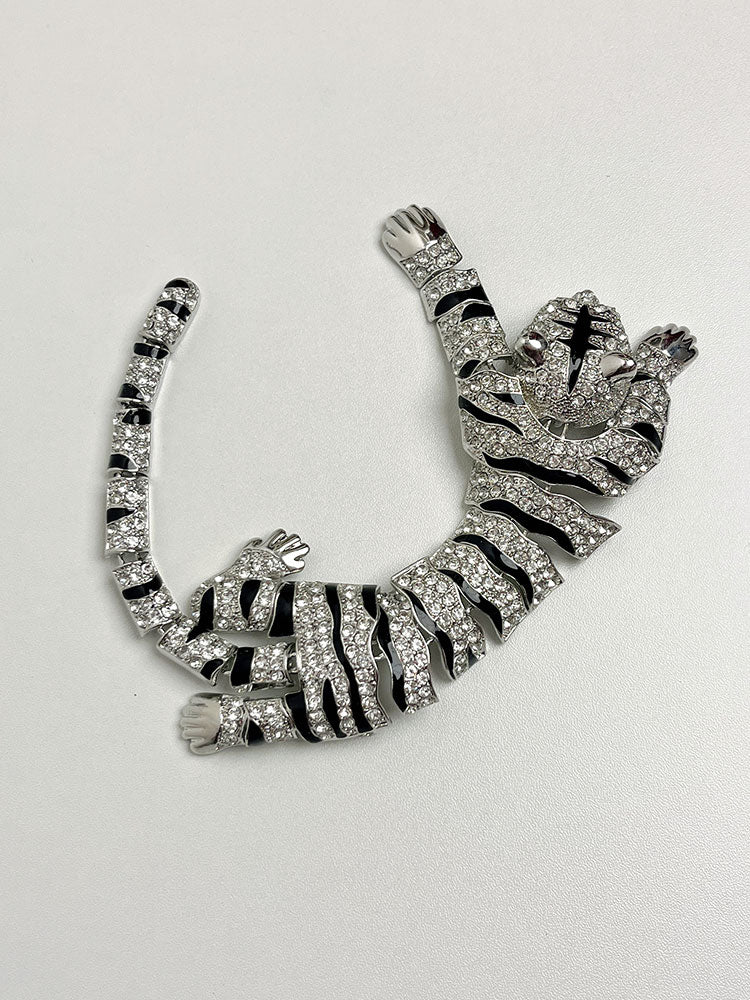 Sparkling Rhinestone Tiger Brooch with Enamel